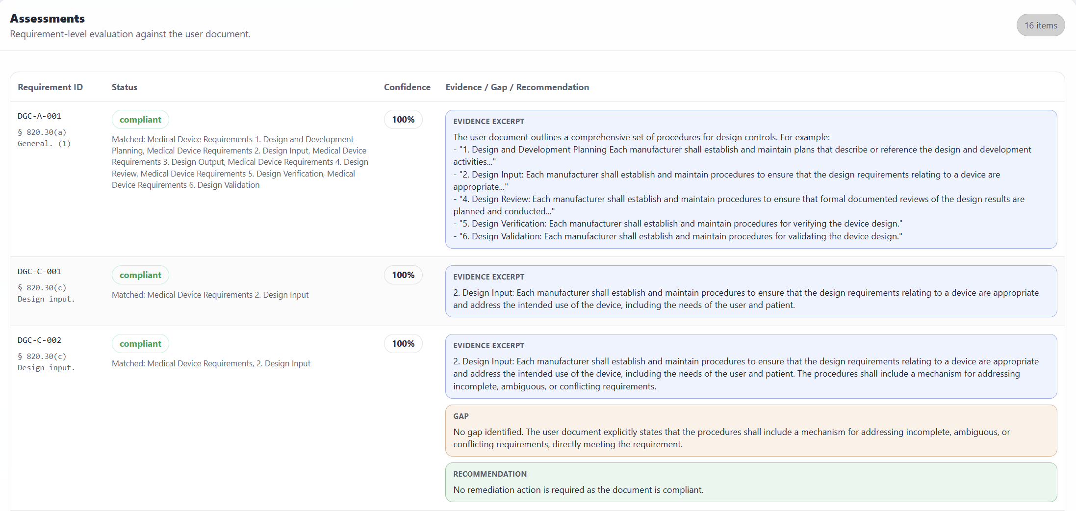 ClausIQ assessment view with evidence excerpts and compliance statuses