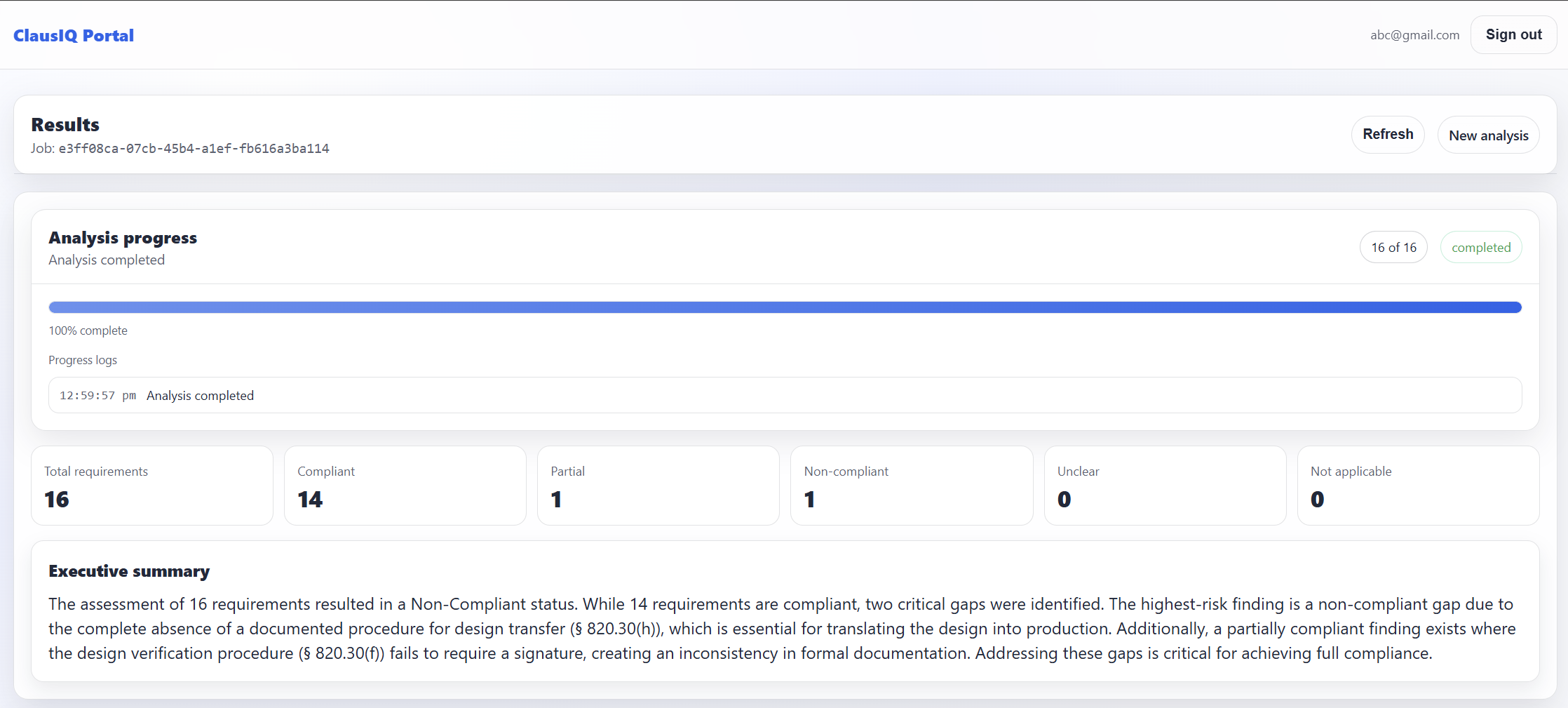 ClausIQ dashboard showing compliance status and executive summary