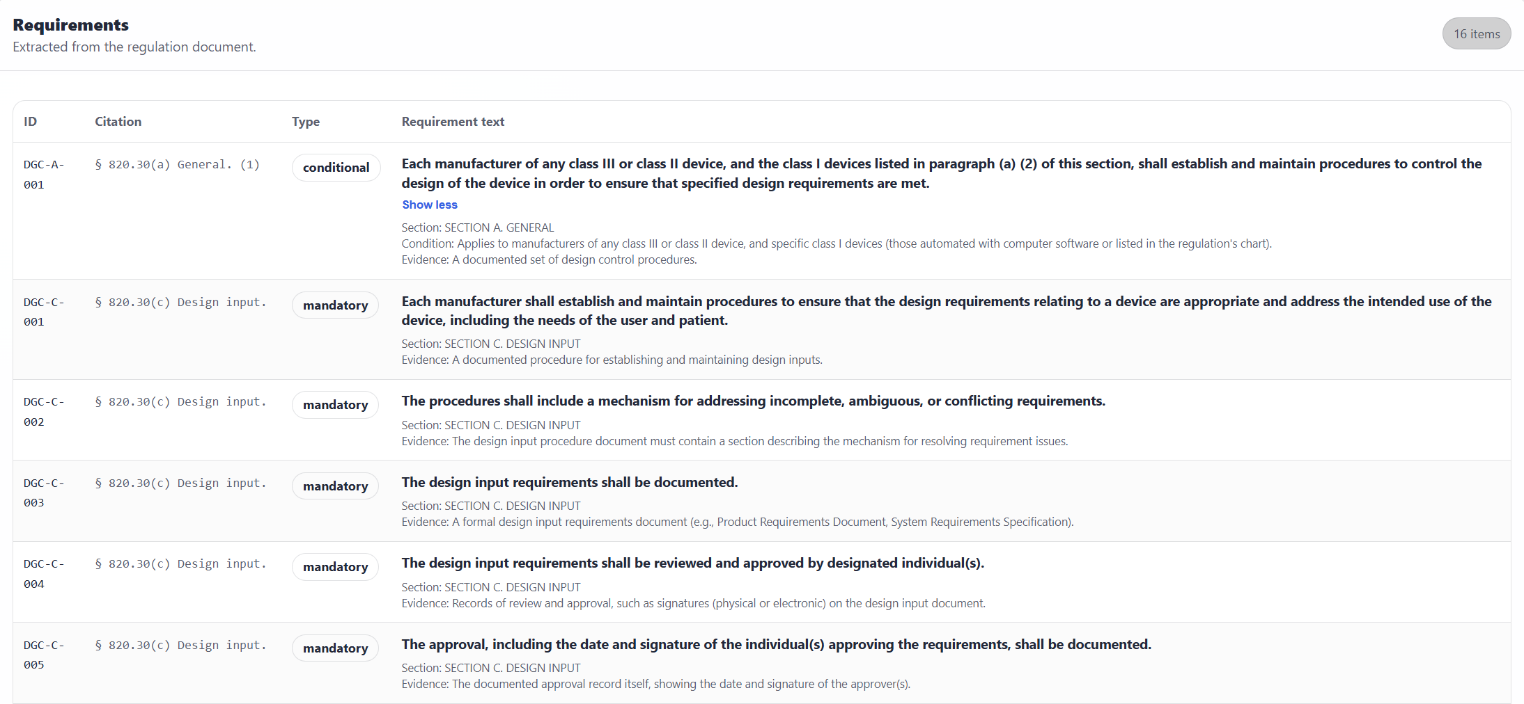 ClausIQ requirements view with extracted clauses and requirement text
